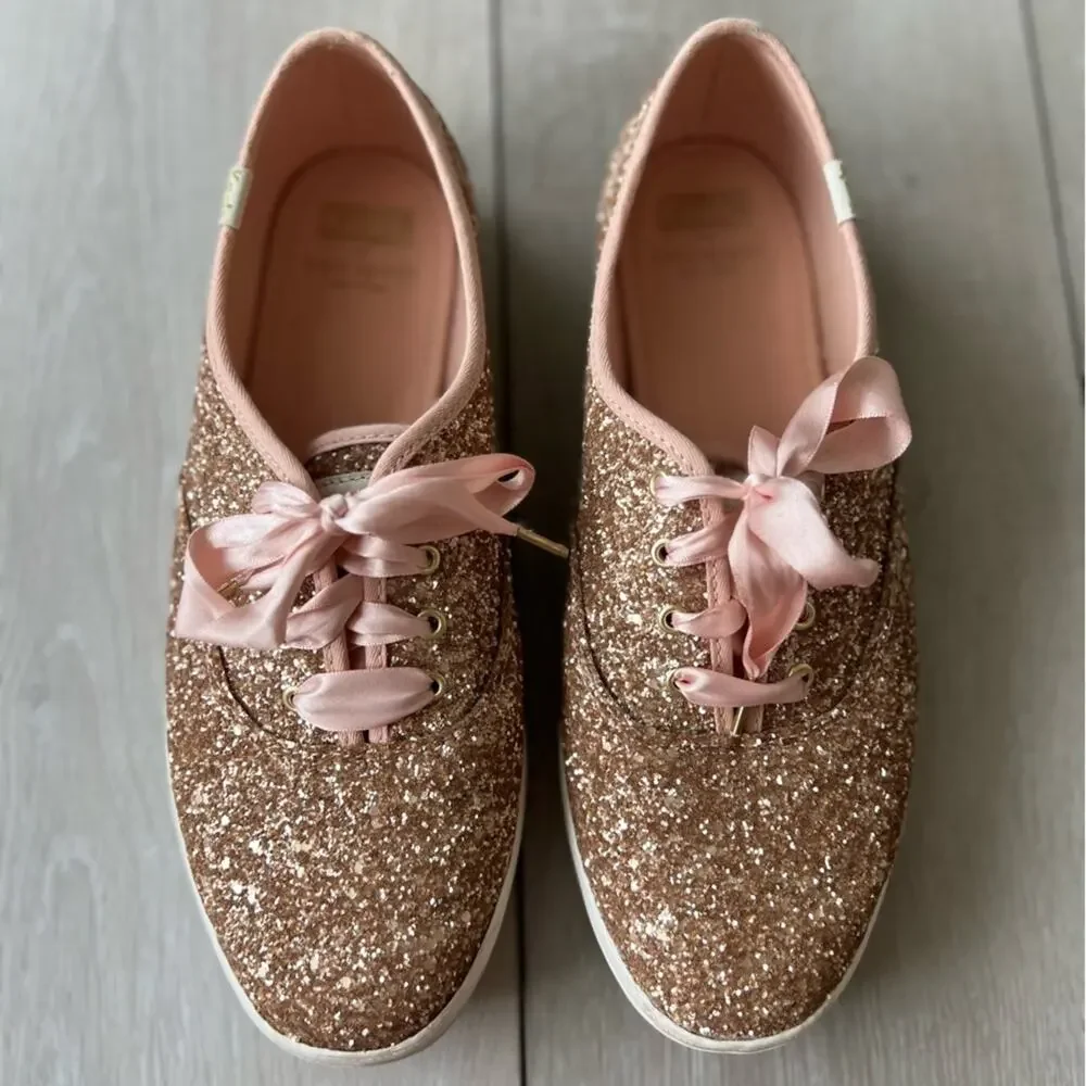 Kate Spade Keds Glitter Sparkle Rose Gold Ribbon Lace Sneakers size 8.5 - Picture 4 of 7